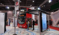 view of bus shelter and bus stop sign at UITP World Congress in Helsinki, Finland.