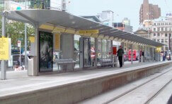 view of a tram station shelter at Manchester Metrolink.