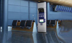view of a touch screen kiosk installed in an airport.