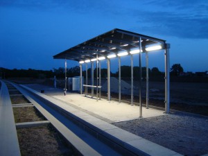 view of Cambridge waiting shelter with a canopy and seating.