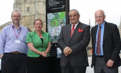 view of a newly installed Legible Peterborough wayfinding signage totem.