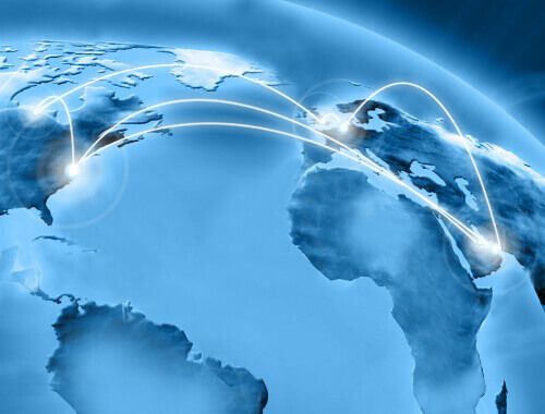 picture of a globe with connections between countries to represent Trueform's global presence.