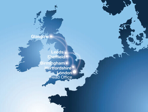 map of UK with Trueform's UK locations highlighted on the map.
