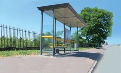 side view of installed Legacy bus shelter.
