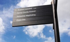 view of installed Surrey Pedestrian wayfinding fingerpost sign.