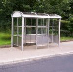 view of a bus shelter that has been designed to withstand acts of vandalism.