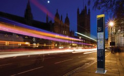 view of installed Legible London wayfinding totem at night.