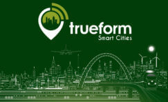 green and white outline picture of a city to represent smart cities.