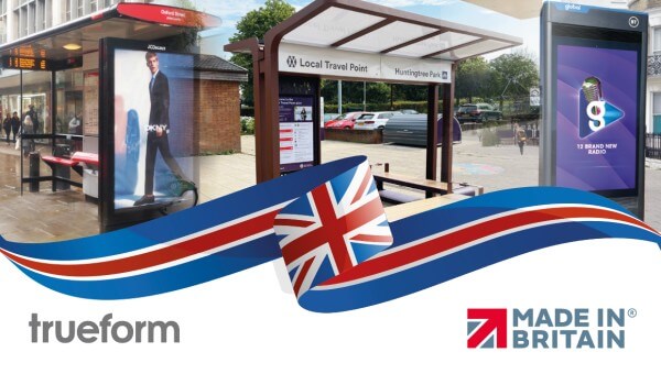 Trueform graphic showcasing 100% British made transport infrastructure, highlighting UK-based design, engineering, and manufacturing.