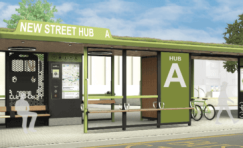 Mobility hub design by Trueform featuring passenger shelters, wayfinding totems, bike stands, and integrated EV charging.
