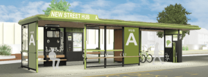 Mobility hub design by Trueform featuring passenger shelters, wayfinding totems, bike stands, and integrated EV charging.