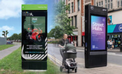 Digital Wayfinding display in an urban environment providing real-time navigation and accessibility features.