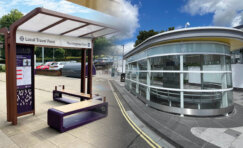 Smart Bus Shelters with integrated digital displays and passenger seating in an urban environment.
