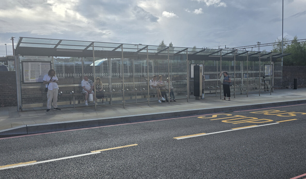 Bespoke stainless steel bus shelters on Station Road, Stoke-on-Trent.