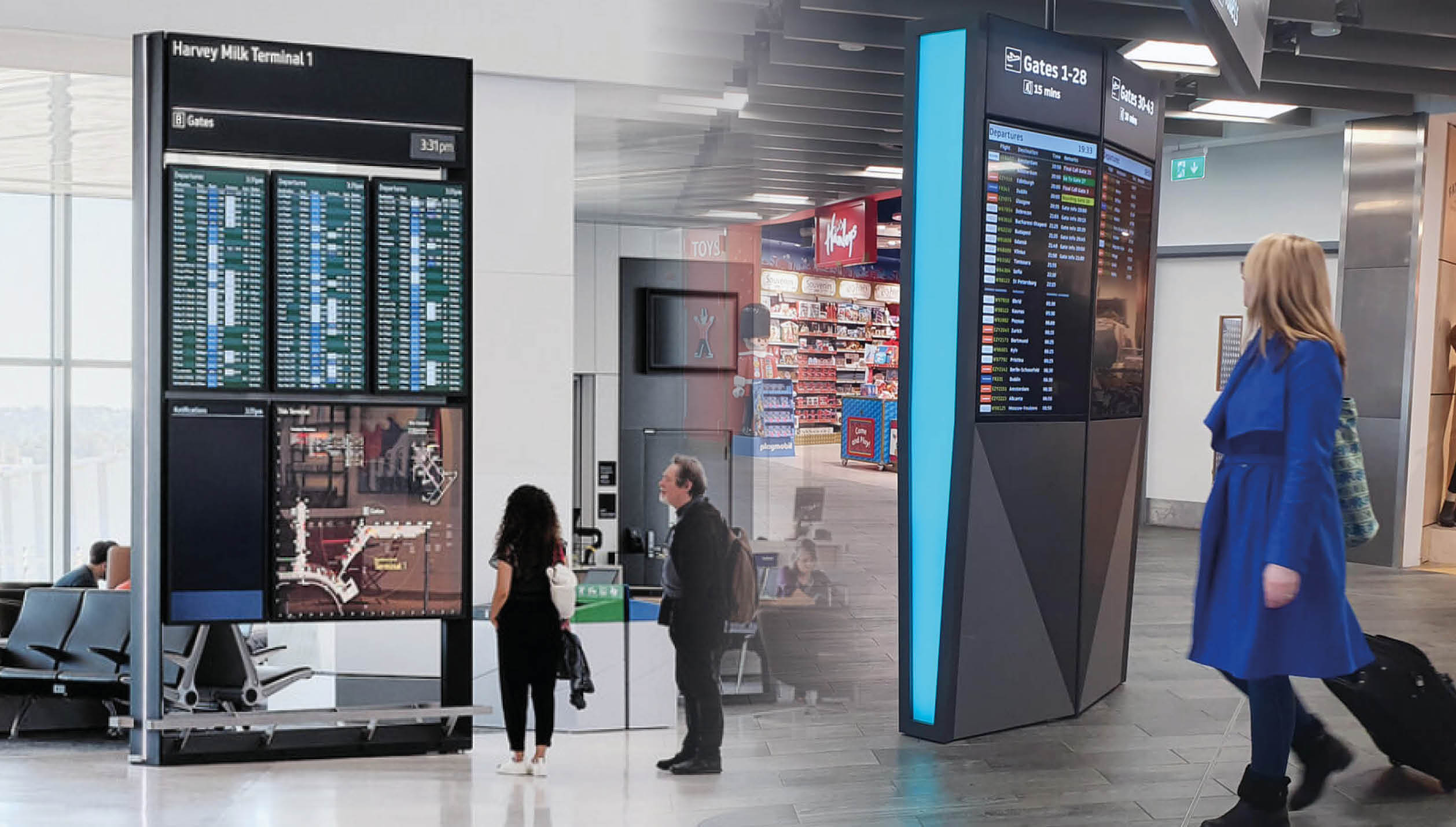Airport digital displays showing live flight information and passenger wayfinding inside a modern terminal