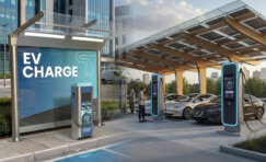Electric vehicle charging canopy protecting EV charging stations and drivers while improving charger reliability, weather protection and user experience.