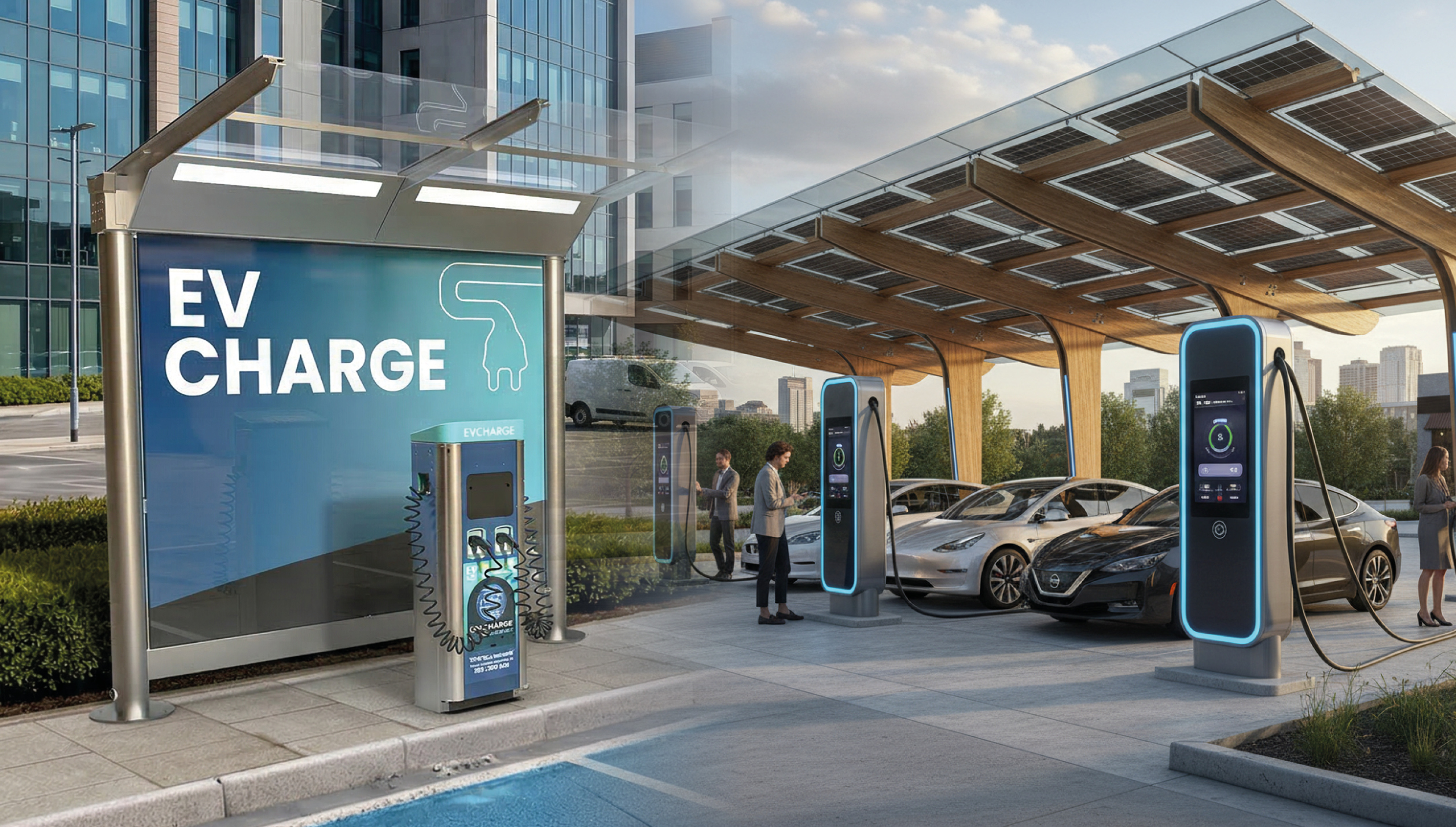 Electric vehicle charging canopy protecting EV charging stations and drivers while improving charger reliability, weather protection and user experience.