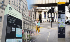 Wayfinding for town and city centres featuring modern pedestrian signage helping visitors navigate retail, transport and public spaces.
